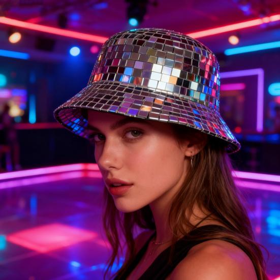Yousheng Sparkling Reflective Mirror Bucket Hat Disco Style Fisherman Hat Festivals Birthdays Night Club Party Cap Fashion Accessory