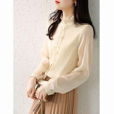 Camicia con orecchini in chiffon da donna a maniche lunghe nuova primavera colletto alla coreana top in rete arricciato