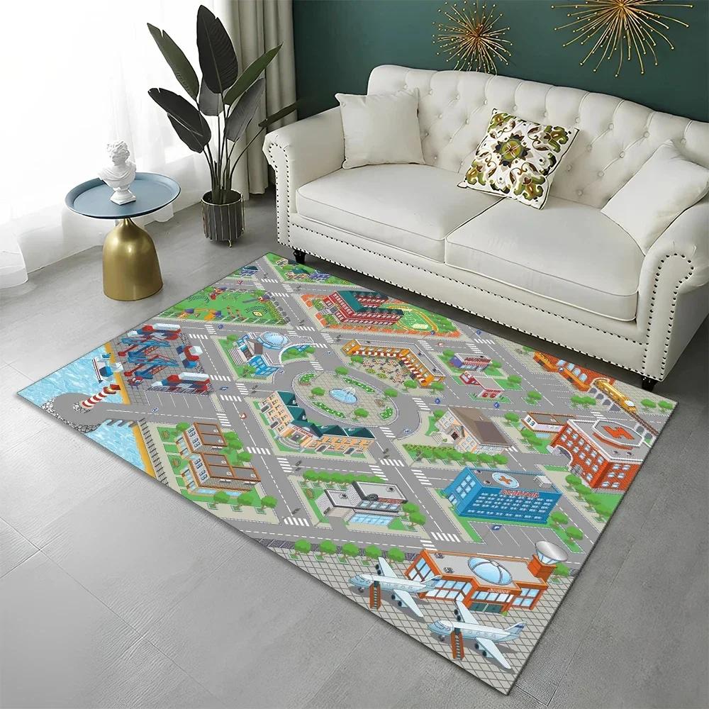 Highway City Kinderspielmatte Verkehr Spielzimmer Teppich Teppich für Zuhause Wohnzimmer Schlafzimmer Fußmatte Dekor, Bereichsteppiche Rutschfeste Bodenmatte