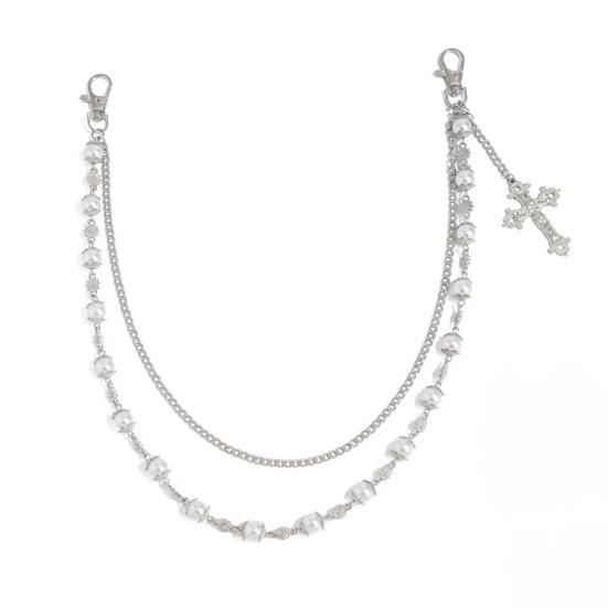 Pants Chain Faux Pearls Metal Flower Decor Wallet Chain Multi-layered