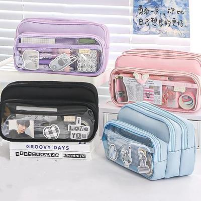 Estuche elegante de color sólido para lápices, estuche transparente sencillo de estilo coreano, bolsa organizadora de papelería de gran capacidad, bolsa para útiles escolares