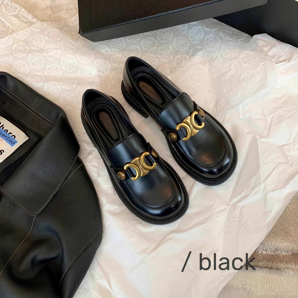 Spring and autumn new small gold buckle round head thick sole middle heel one pedal loafer single shoes women's genuine leather flat shoes sm
