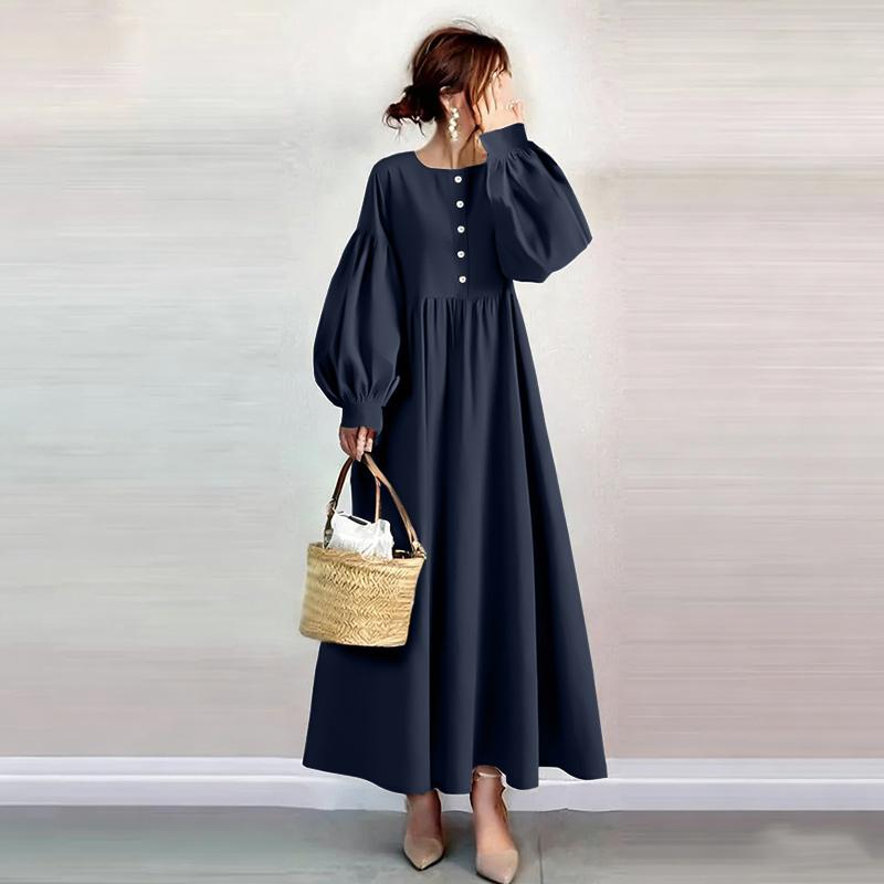 ZANZEA Lässiges Damen-Kleid mit Rundhalsausschnitt, langen Ärmeln und lockerem langem Kleid