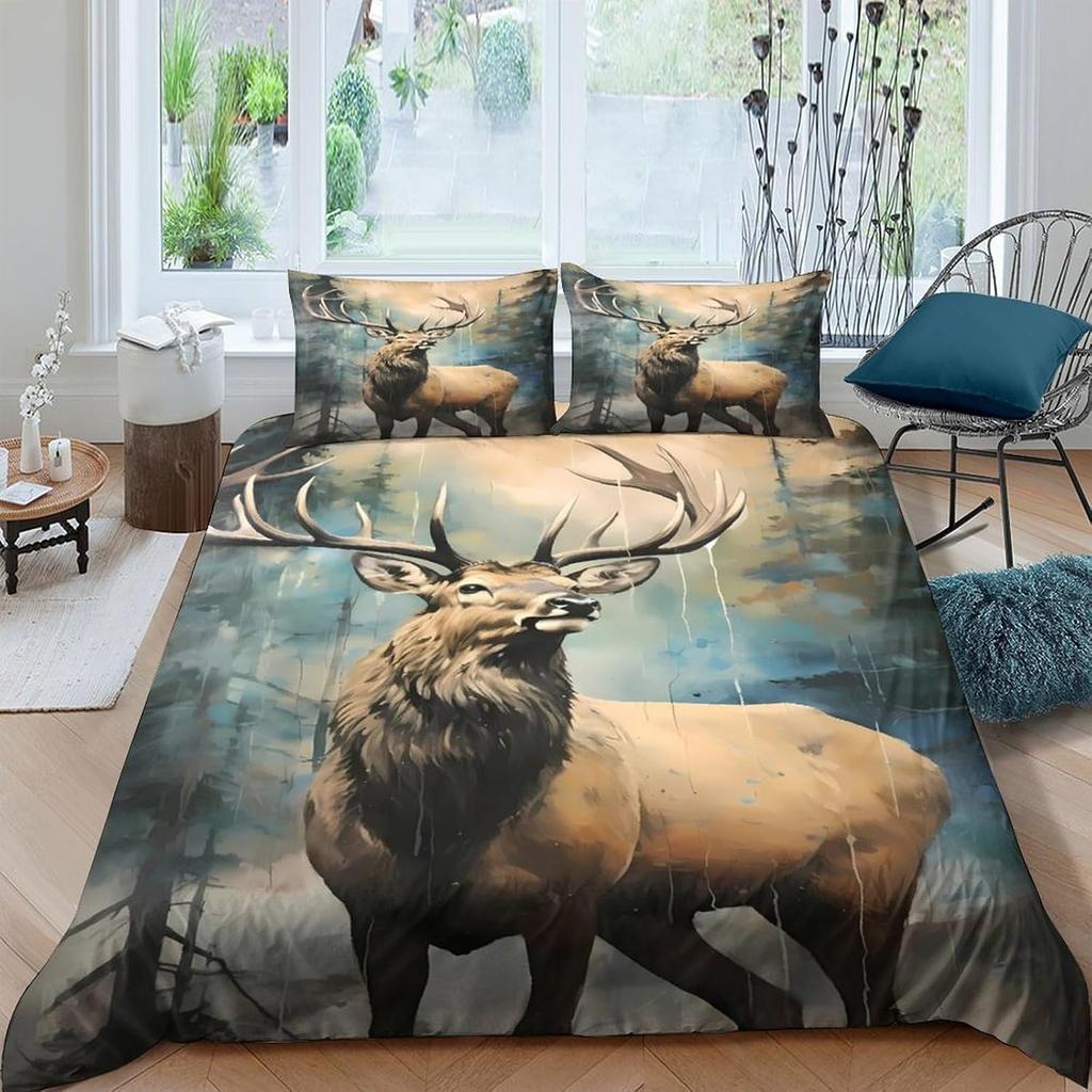3D Print Elk Single Duvet Cover 2 Pieces Deer Theme Bedding Set Zipper,Soft Comfort Microfiber Quilt Cover With Pillowcase 75*50