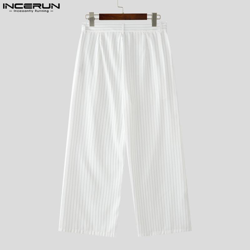 INCERUN Men Zip-up Waist Striped Casual Long Trousers Pants
