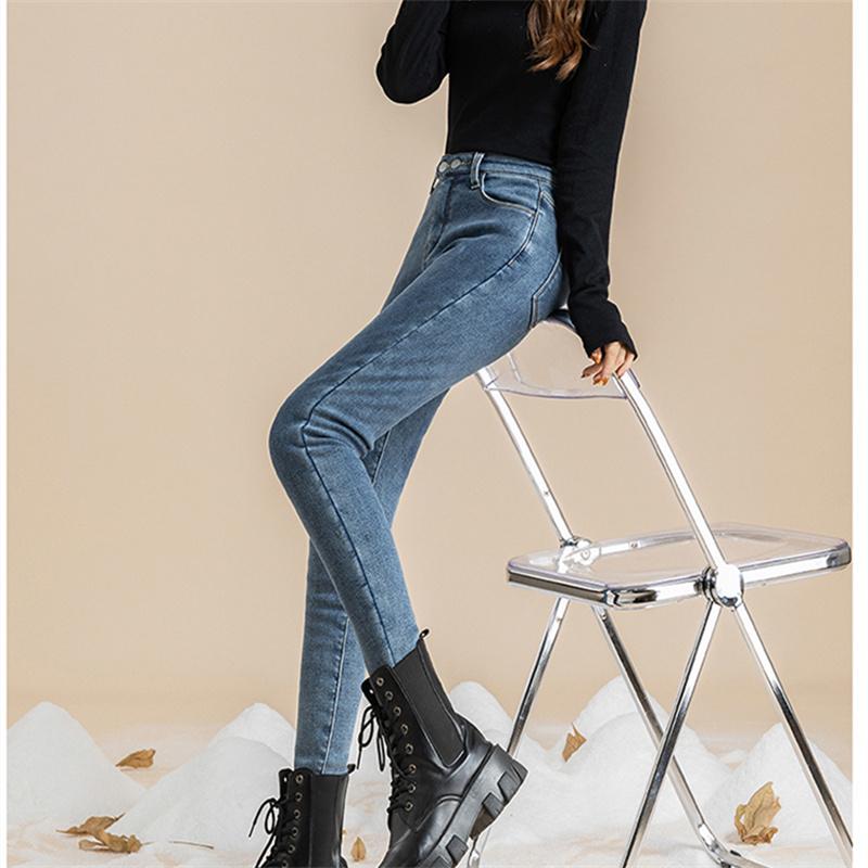 2022 Winter Korean Stytle Thick Pants Streetwear Trousers Fashion Warm Skinny Jeans for Women Female High Waist Slim Trousers