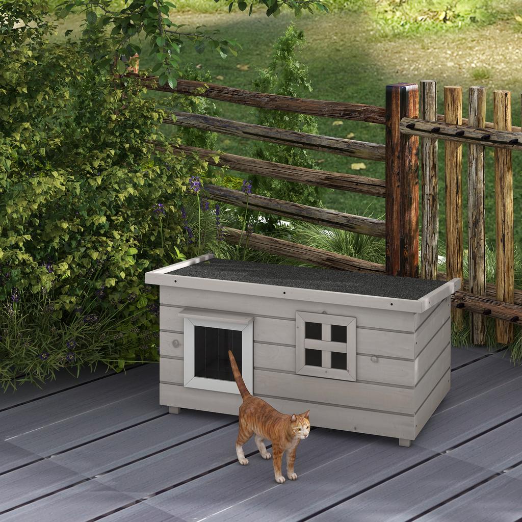 Wooden Outdoor Cat House, Elevated Cat Shelter Kennel, Pet Play House with Openable Top, Asphalt Roof, Window, Grey