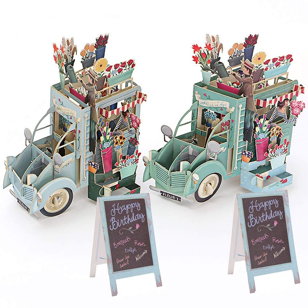 Moin Moin Birthday Greeting Message Papercut Beautiful 3D Antique Florist Sign Card 2 Set of 2 In Aqua Blue and Nuance Blue Card, 360-Degree Pop-Up