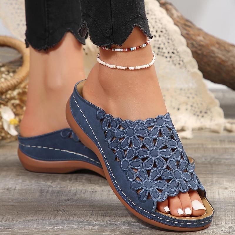 Ladies, Floral Design, Comfortable Sandals, Hollow, Thick Soled, Walking Shoes, Wedge Heel Slippers