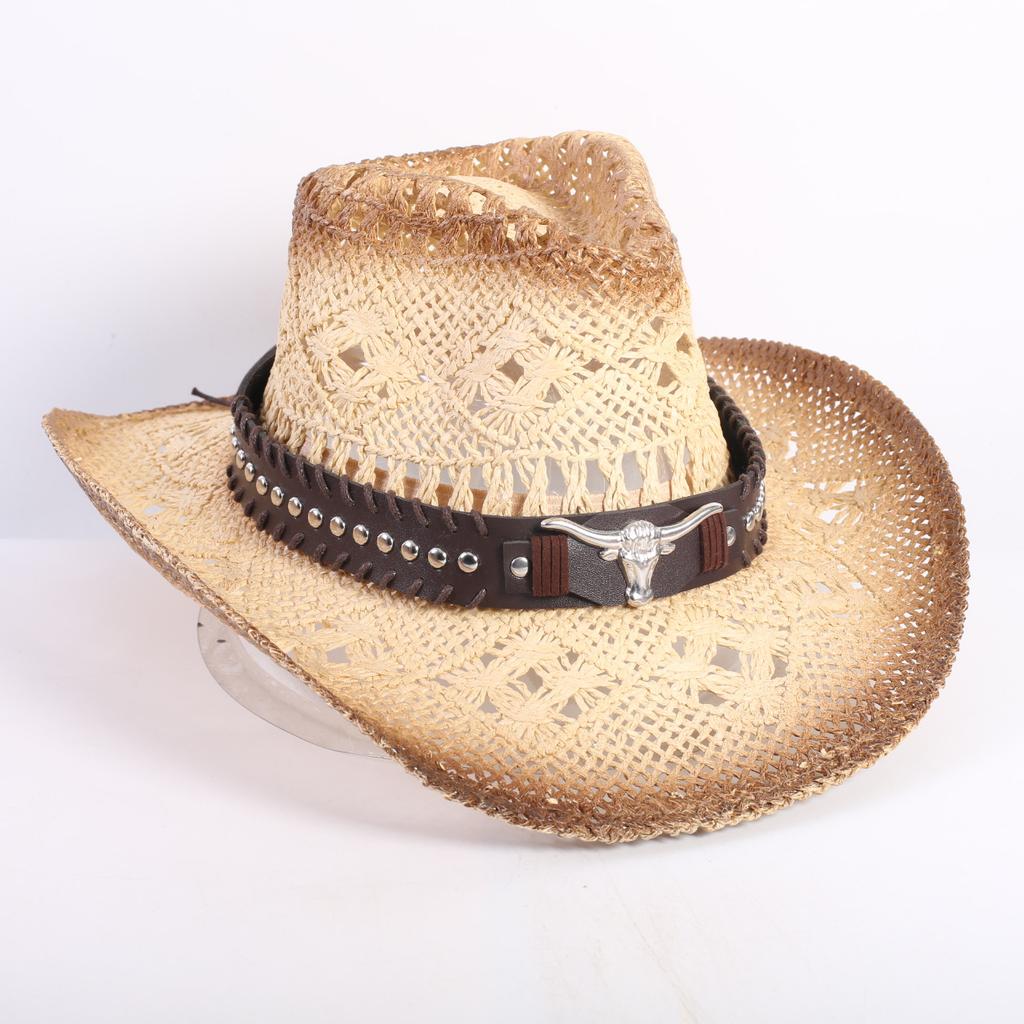 Popular European and American Fashion Hollow Woven Hat Straw Hat Men's and Women's Classic Outdoor Western Denim Straw Hat