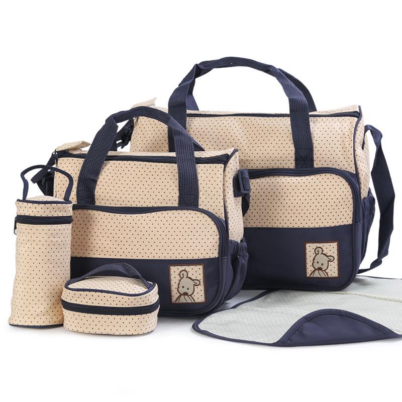Fashionable Polka Dot 5-Piece Mommy Bag Set - Versatile, Large Capacity Shoulder Bag for Mother and Baby