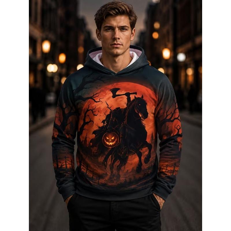 Men Halloween Hoodie 3D Print Pumpkin Witch Skull Spooky Horror Pattern Pullover Hoody Holiday Party Casual Sweatshirt