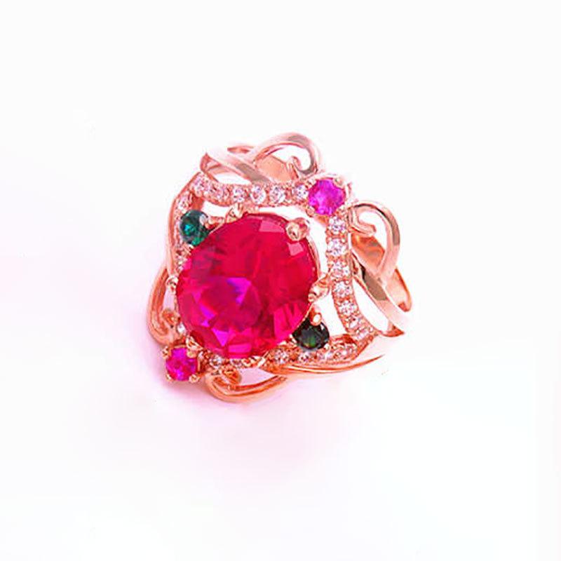 Rose Gold Plated Purple Gold Red Stone Egg Surface Ring Diamond Shaped Light Luxury Design Ring