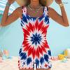 Women Plus Size Square Neck Wide Straps One Piece Swimsuit Red White Blue Tie Dye Printed Boyshort Leg