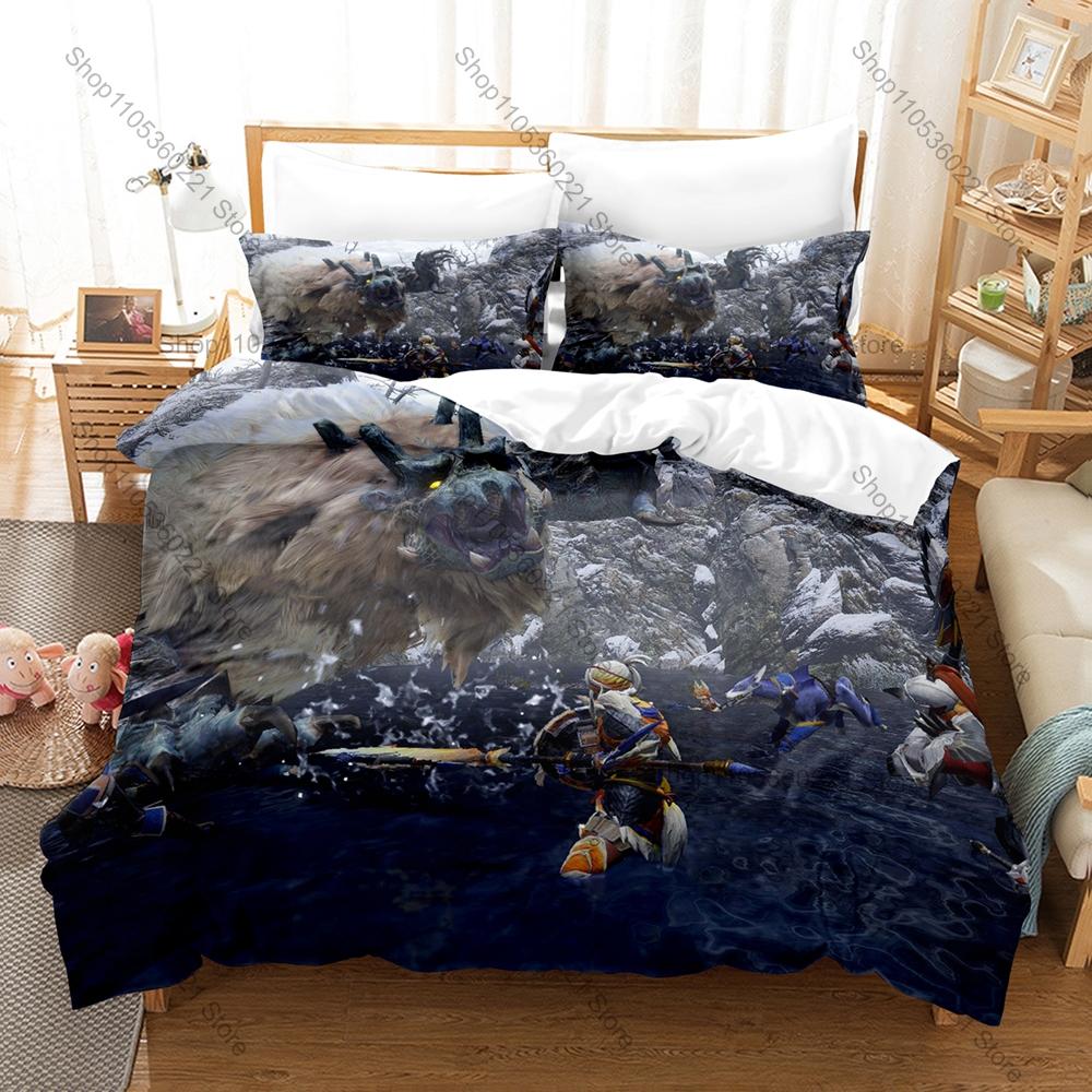 Monster Hunter Rise Merch 3-delat Sängkläder Påslakan Med 2 Örngott Tvättbar Dragkedja Spel Sängöverkast