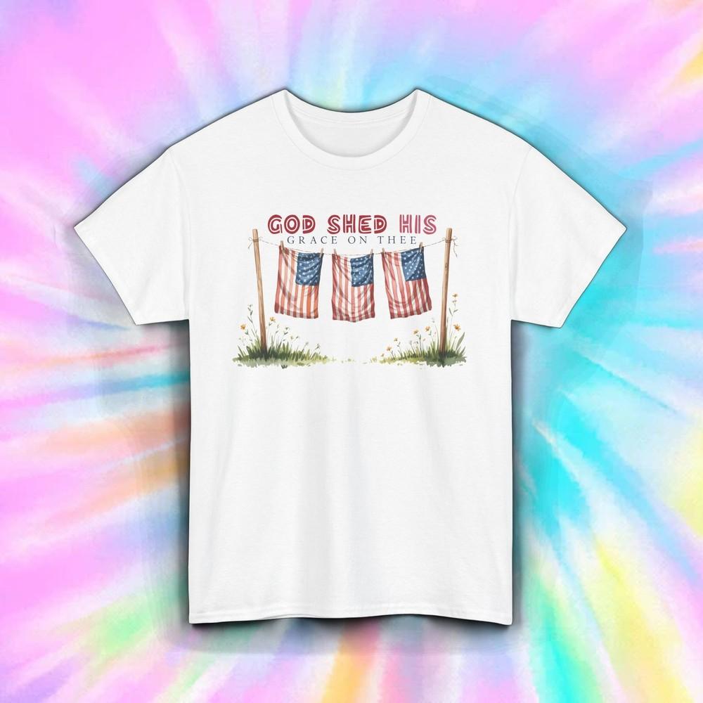 

God Shed His Grace On Thee Shirt American Flag Patriotic Vintage USA Tee S-5XL M