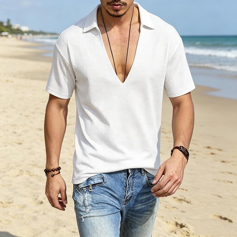 Men S Casual Waffle Knit V Neck Short Sleeve T Shirt Summer Outdoor S