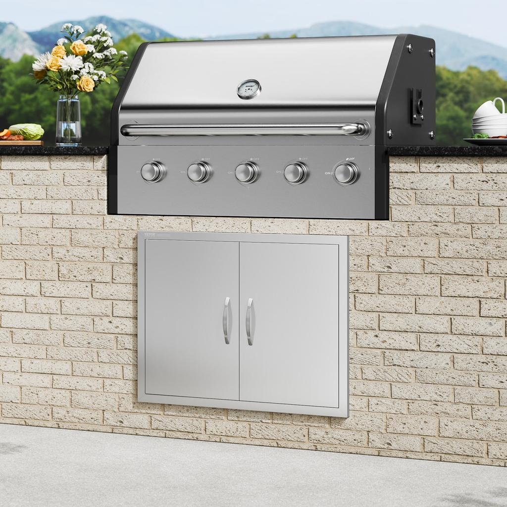 BBQ Access Door, 787x609 Mm Double Outdoor Kitchen Door, Stainless Steel Flush Mount Door, Double Wall Vertical Door with Handles and Hooks, for BBQ