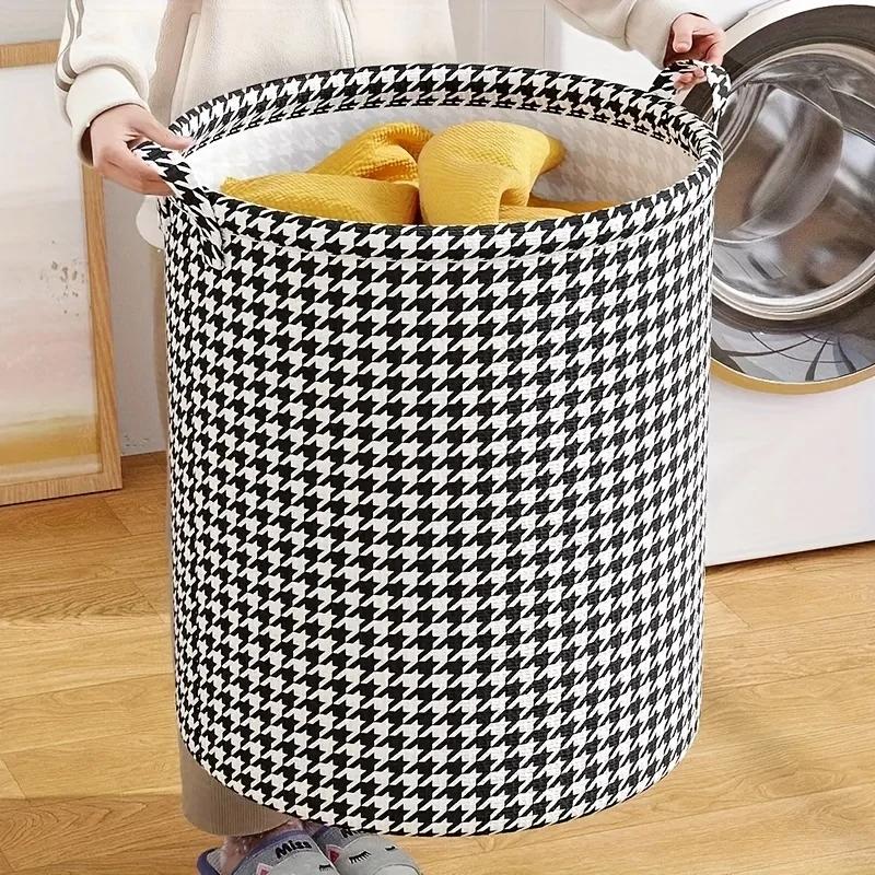 Foldable Houndstooth Laundry Hamper, Modern Fabric Storage Basket with Handle, Versatile for Bedroom, Bathroom, Living Room