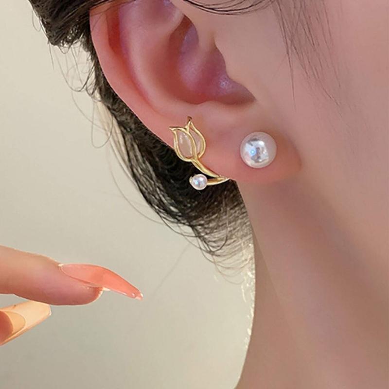 Topshiny Tulip-Shaped Earrings for Women, Unique Design, French Style Flower with High-End Cat's Eye Stone & Faux Pearl Decoration Valentines