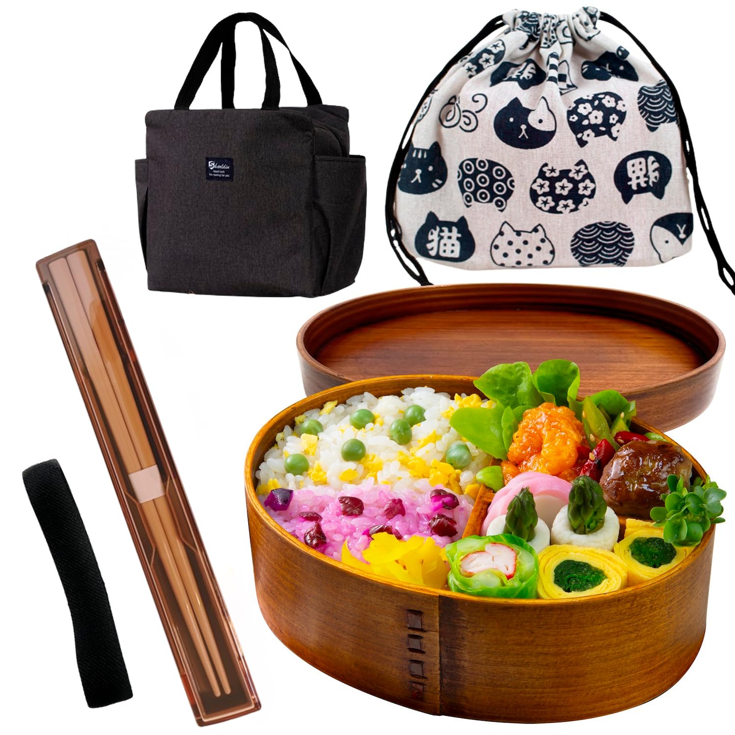 

a beckoning drawstring Bento box Insulated storage Drawstring Care bento box bentwood bento [Includes cat-patterned bag] 1. (Yanagi cedar), 2.