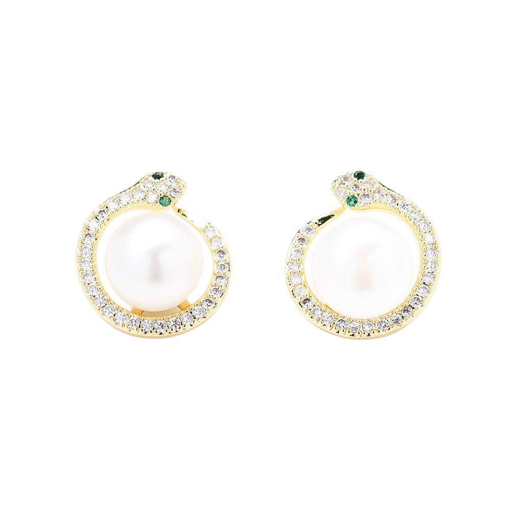 French Light Luxury Micro-inlaid Zircon Serpentine Surround Pearl Stud Earrings Niche Design Fashion Earrings High-end Ear Jewelry