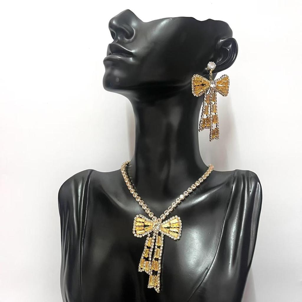 Korean Bow Necklace Ins Full Diamond Tassel Temperament Light Luxury Rhinestone Simple Neck Chain Collarbone Chain Fashion Jewelry