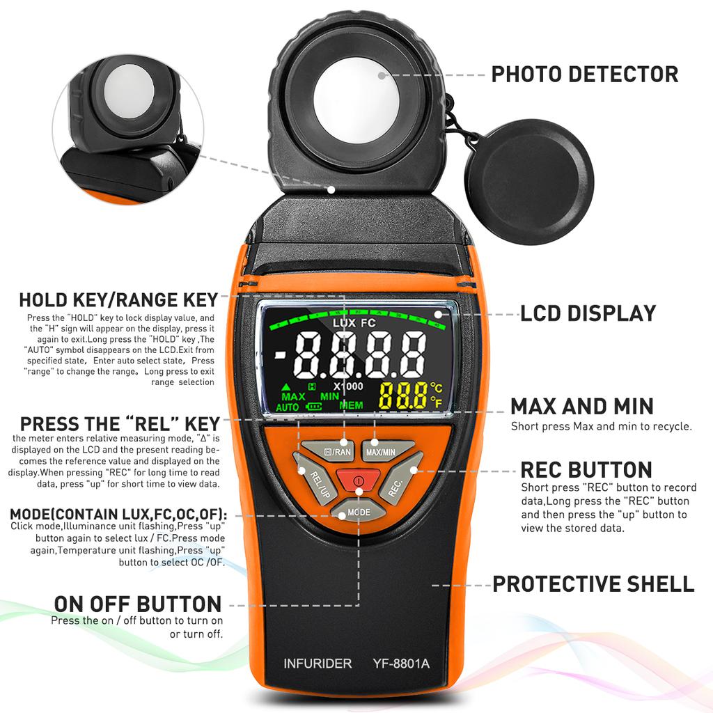 Digital illuminance meter,High accuracy and fast response,Light detector: used for light detection,LCD display,1-400,000Lux