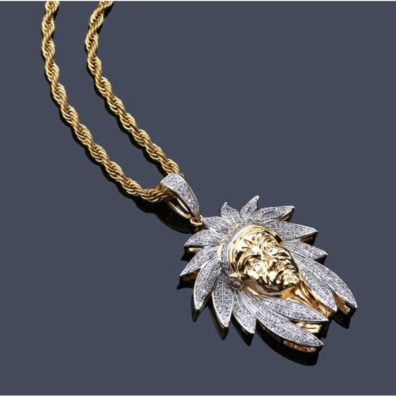 Pendentif et Collier Coiffe de Chef Indien Bijoux Hip Hop pour Homme Chaîne