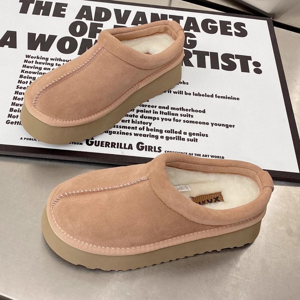 Soft Leather Version~ Cotton Slippers Women's Autumn and Winter Velvet Thickened Warm Snow Cotton Shoes Thick Sole One Pedal Lazy Shoes Outside