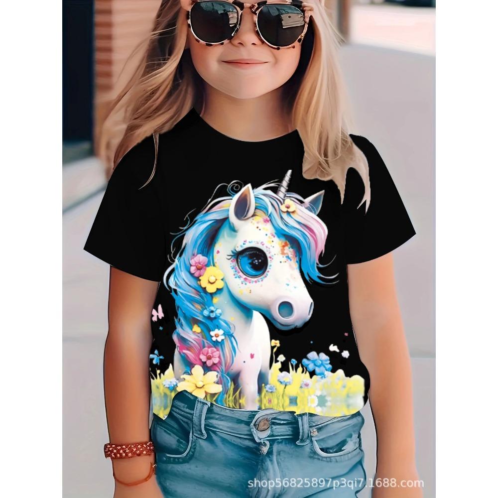Cartoon Unicorn 3D Digital Casual Short-Sleeve T-Shirt, Suitable for Outdoor Wear, Cute Cartoon Print