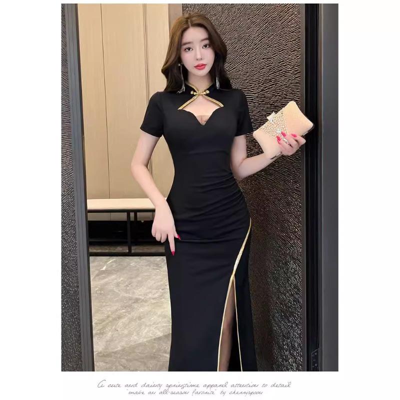 Evening dress dress new temperament retro split cheongsam skirt night work foot bath technician work clothes long dress