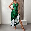 Women's Green Background White Lily Print V-neck Suspender Long Dress Drape Loose Pendulum Holiday Beach Split Long