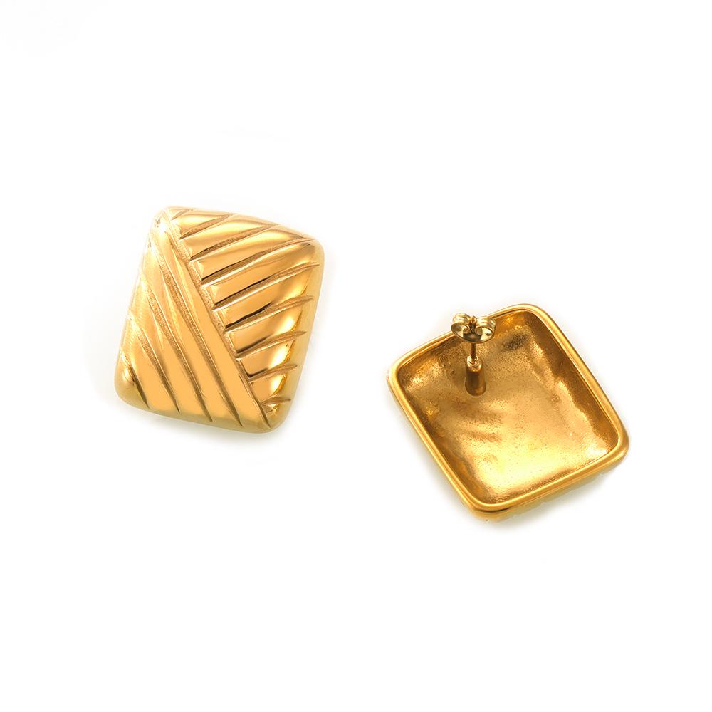 18K Gold Plated Titanium Steel Striped Earrings - European & American Style, Simple Niche Design, Non-Fading Fashion Accessory.
