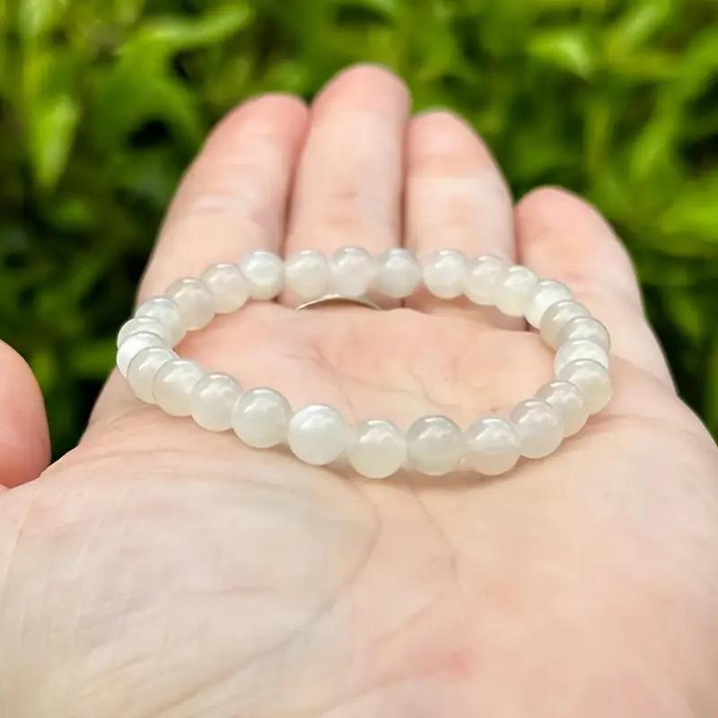 White Jade Moonlight Bead Bracelet - Handmade Natural Stone Elastic Bracelet