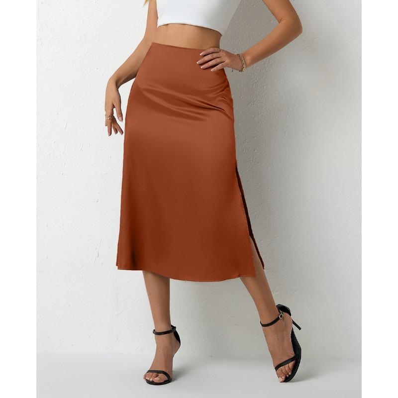 Damen Hoher Bund Satin Schlitz Saum A-Linie Midi Rock