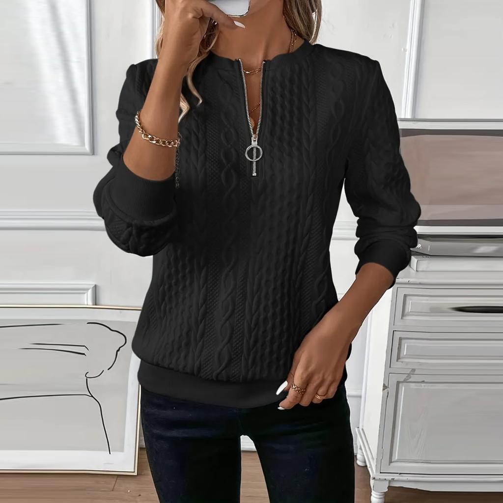 Women's Fashion Long-Sleeved Solid-Colour Casual Pullover Slim-Fit Zipper Top