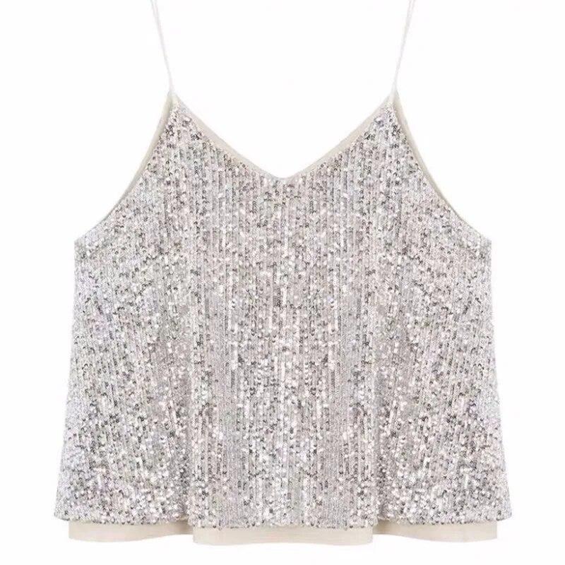 Women's Loose Casual Sequined Camisole Vest V Neck Shiny Sparkling Basic Top