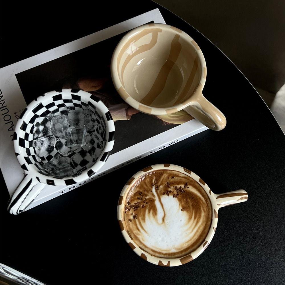 Hand Pinched Irregular Chessboard Mugs Plaid Breakfast Container Creative Water Cups Kitchen