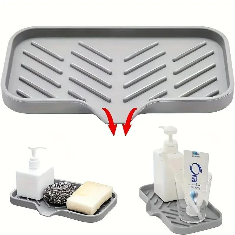 45° Silicone Faucet Mat Kitchen Sink Tray Soap Dispenser Sponge Drain Pad Sink SplashDrying Mat Countertop Storage Tray SoapTray