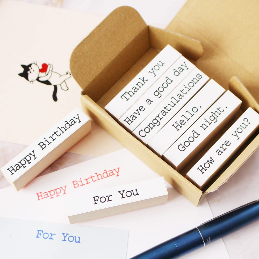 Cute and stylish wooden rubber stamp set for birthdays, thank you cards, bridal gifts, and letters. Made in Japan (#75)