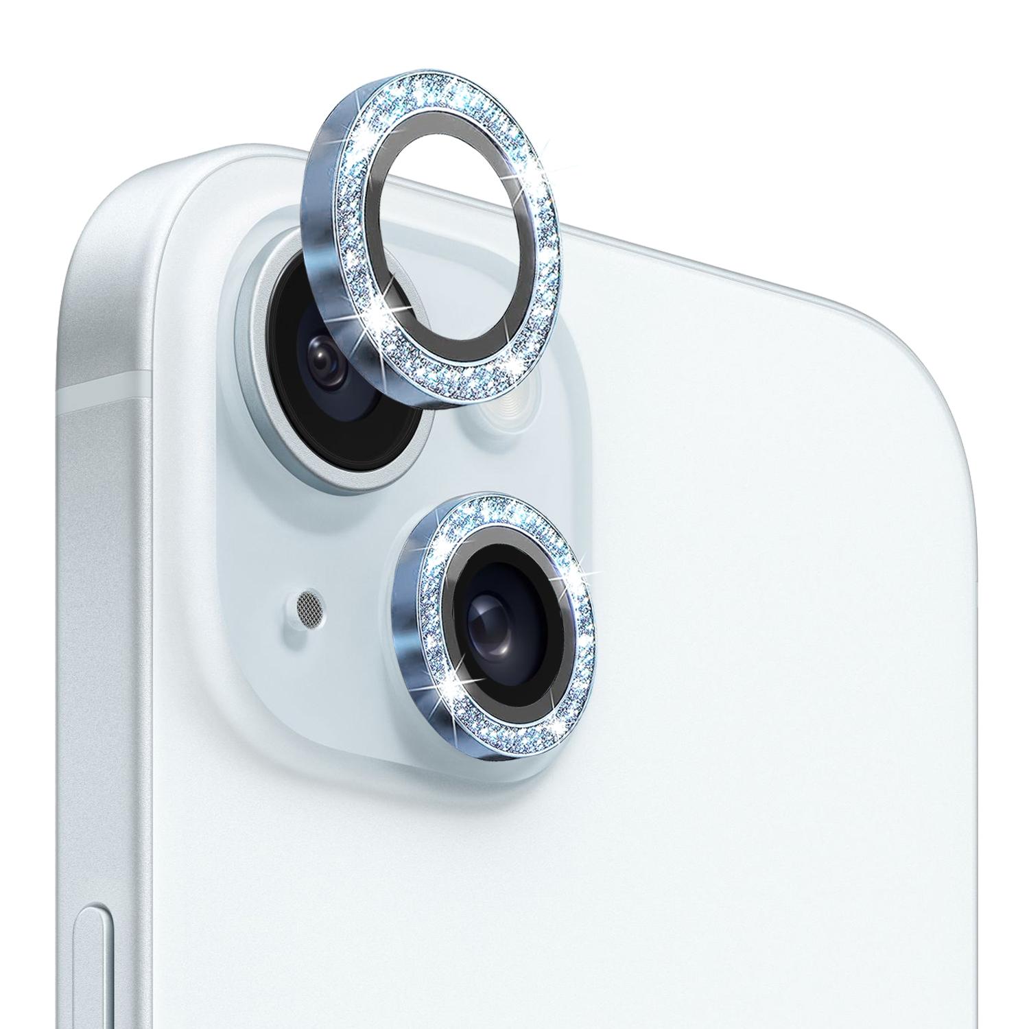 

NORTHJO 1 Set For iPhone 15/15 Plus Glitter Camera Lens Protector Tempered Glass+Metal Ring Cover Film Blue