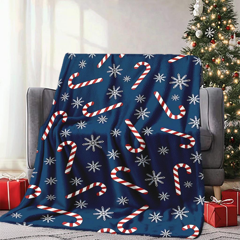 Christmas Candy Cane Snowflakes Print Throw Blanket - Festive Holiday Pattern Soft Lightweight Accent for Sofa Bed Travel