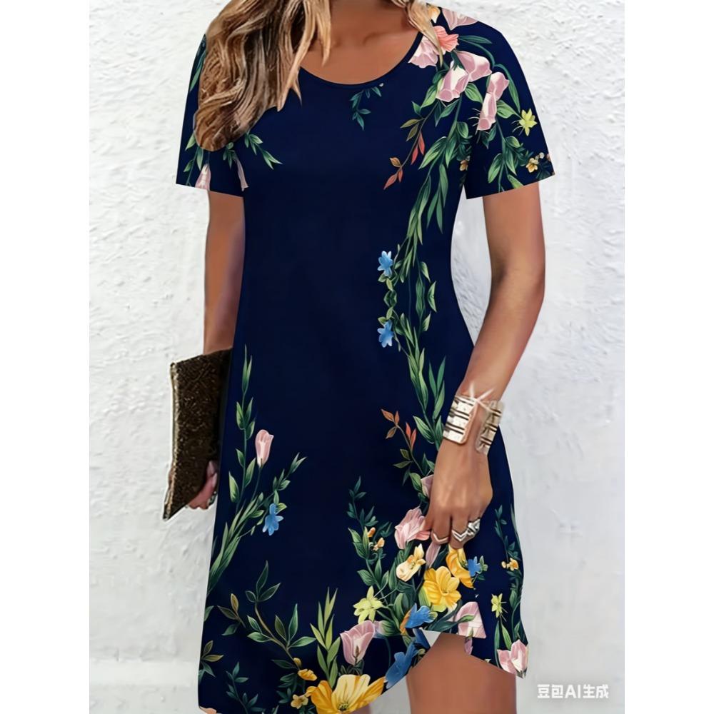 Women's Summer Short-sleeved Dress - Round-neck Floral Print Trendy Casual Versatile Dress - Women's Clothing