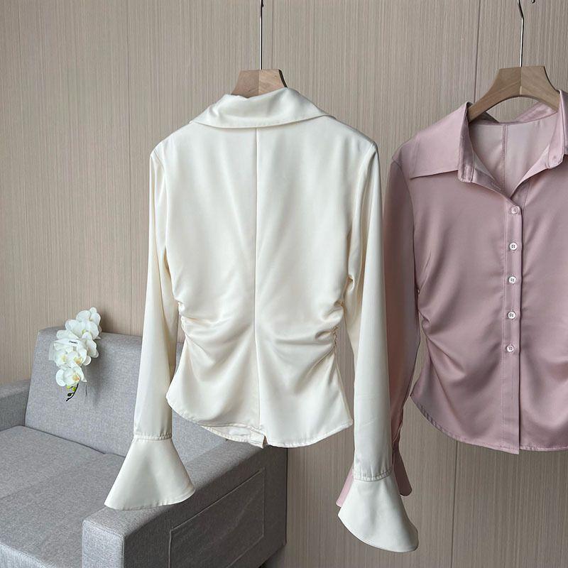 Satin Waist Folded Shirt for Female Women's Slim Fit Short Flared Sleeved Blouses Solid Color Single Breaste Lady's Tops
