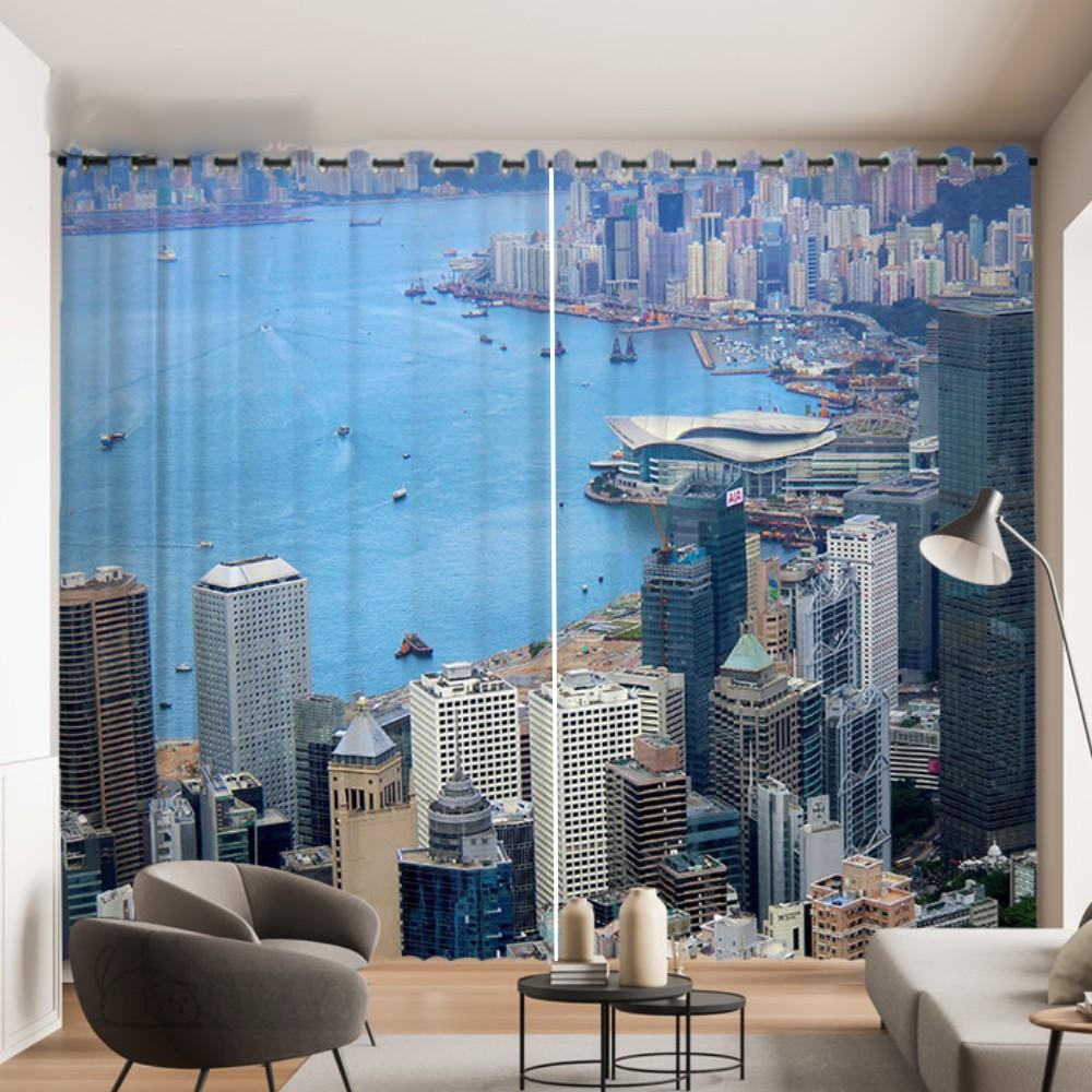 Hong Kong City Night View Curtain International City Photo Decoration Curtain Layout 3D Stereo Living Room Window Curtain 2PCS