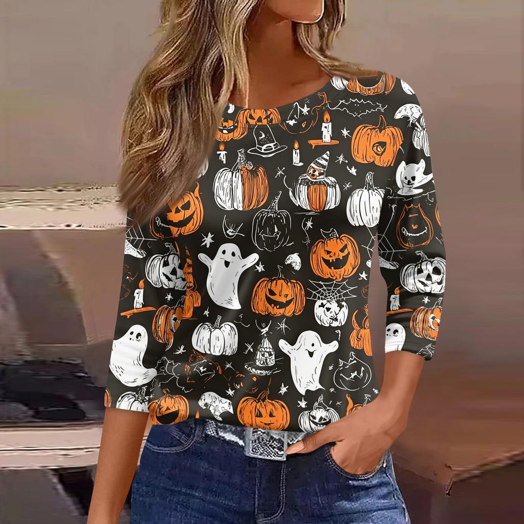 Women's Halloween T-Shirt Three Quarter Sleeve Round Neck Loose Fit Casual Blouse Top Fall Party Costume Outfit Print