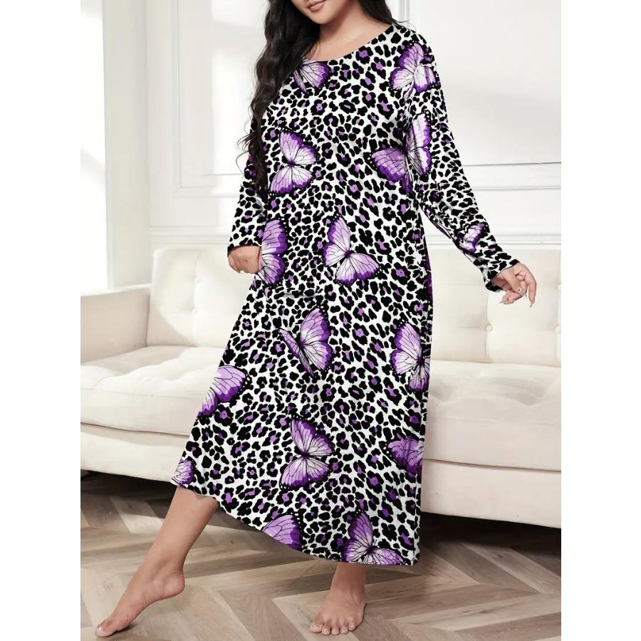 Long Sleeve Butterfly Heart Leopard Print Sleeping Dresses Casual Women Drop Shoulder Oversized Long Sleepwear Dress