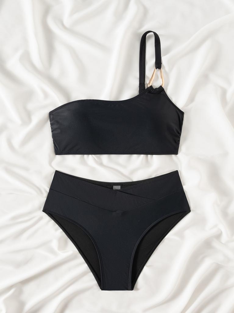 Solid One Shoulder Low Waist Sexy Bikini Set Elegant Comfortable Two Piece Swimwear
