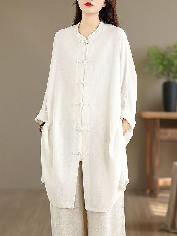 Medium and long spring and autumn new thin literary and casual style retro cotton and linen long-sleeved shirt top button cardigan women M